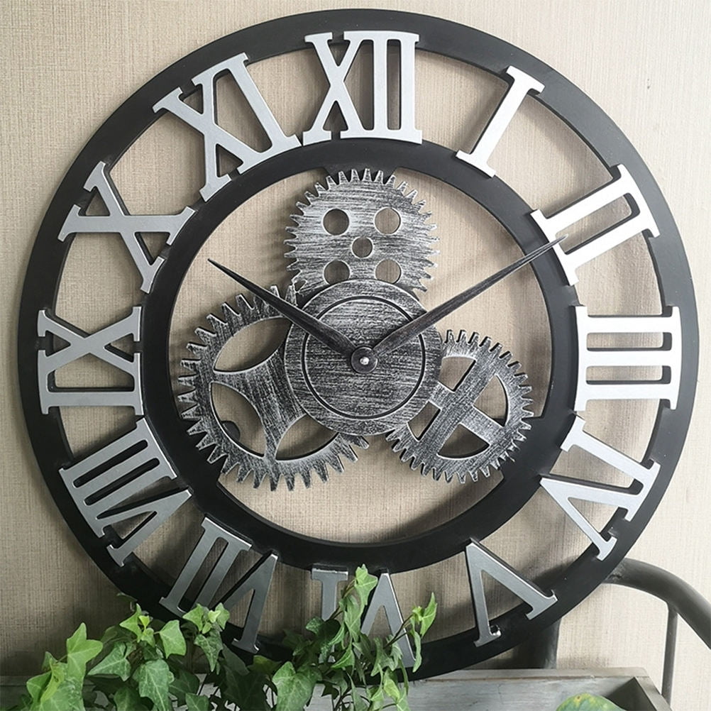 BESTYASH Chic Industrial Gear Wall Clock Plated Silver Wooden Easy to Install for Decoration