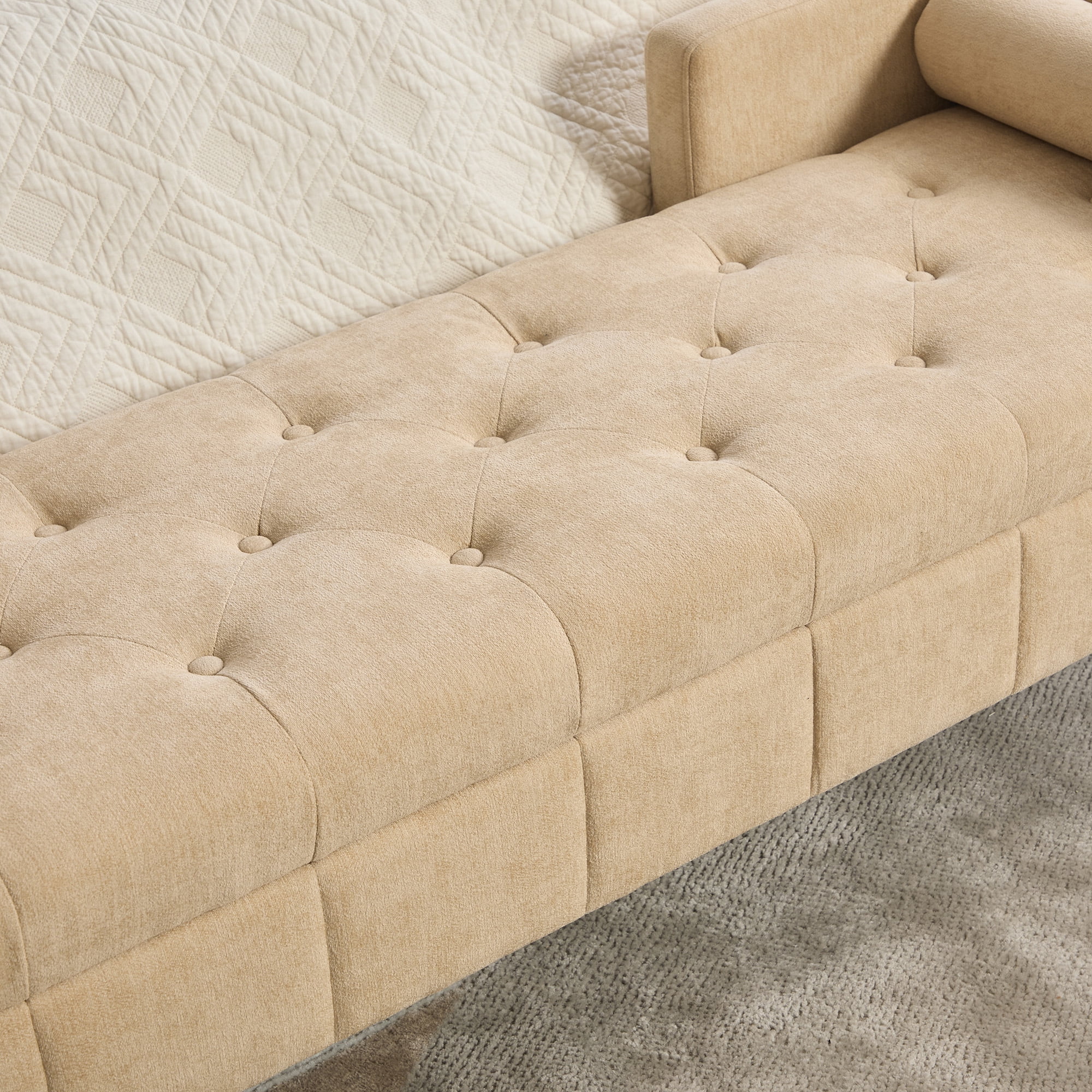 64.6"W Upholstered Chenille Flip-top Storage End of Bed Bench, Tufted Accent Footrest with Armrests&Backrest&2 Bolsters Whitewashed Rubberwood Legs for Living Room, Hallway, Entryway Bedroom