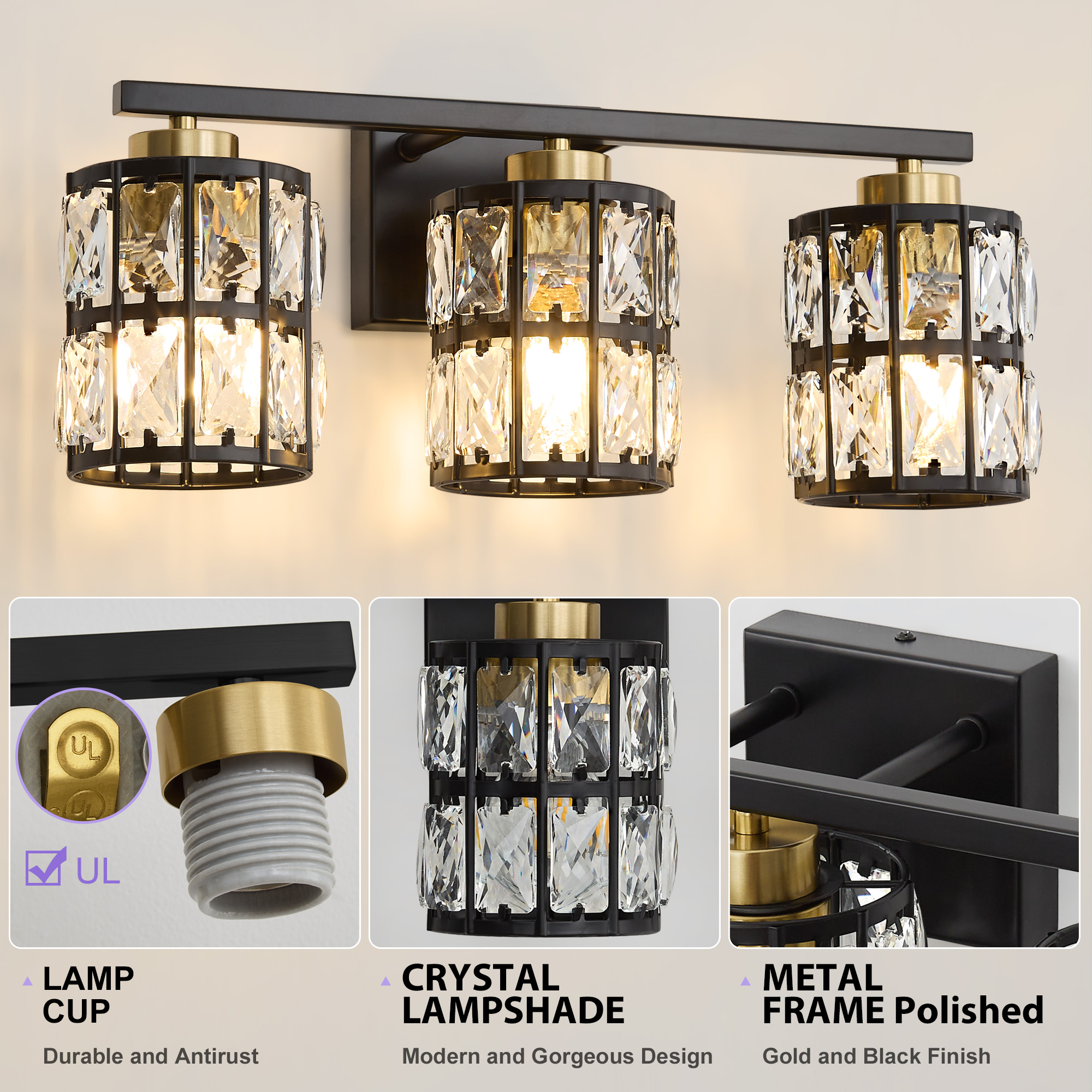 Deyidn 3-Light Black&Gold Bathroom Vanity Light, 18.9" Dimmable Modern Wall Mirror Light Fixture with Cylinder Crystal Shades for Bathroom, Powder Room