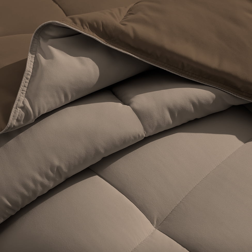 Bare Home Microfiber 5-Piece Cocoa/Taupe Comforter, Cocoa Sheet Set Reversible Bed in a Bag, Queen