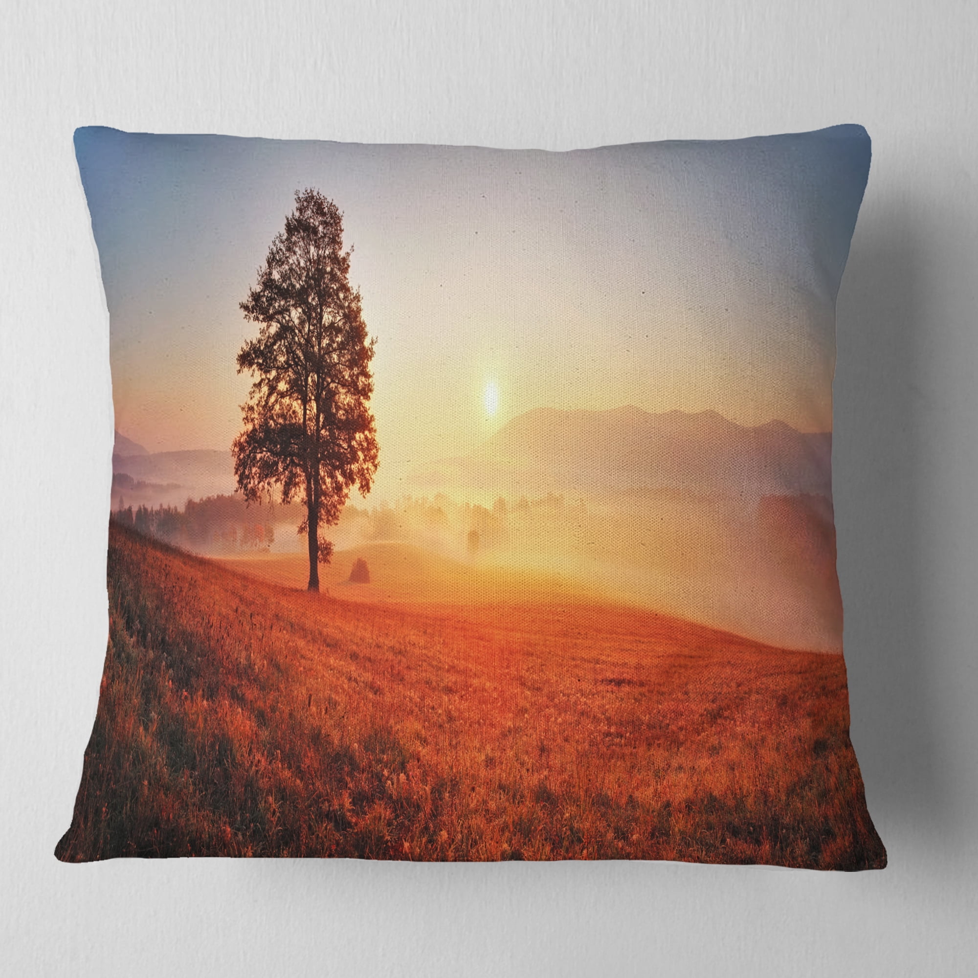 Designart Tree and Sun - Landscape Photography Throw Pillow - 16x16