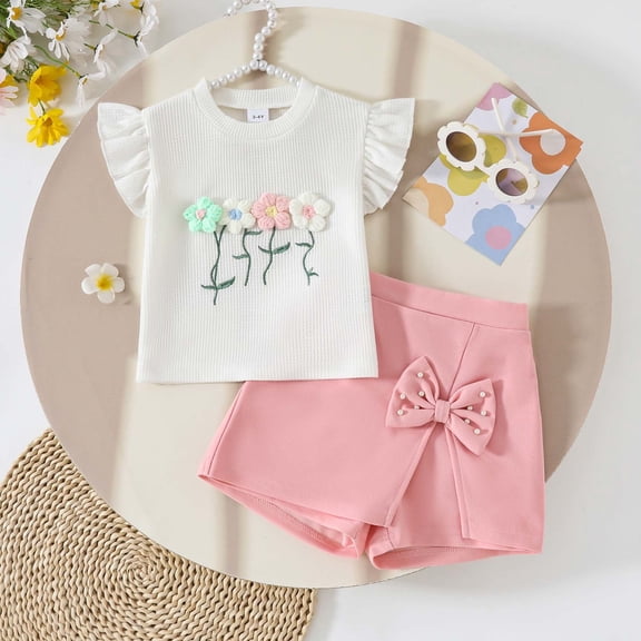 SONGGE Toddler Girls 3D Floral Knit Tops & Skort Set With Bowknot Spring Summer Two Piece Outfit Sets Cartoon Leisure Clothing Sets