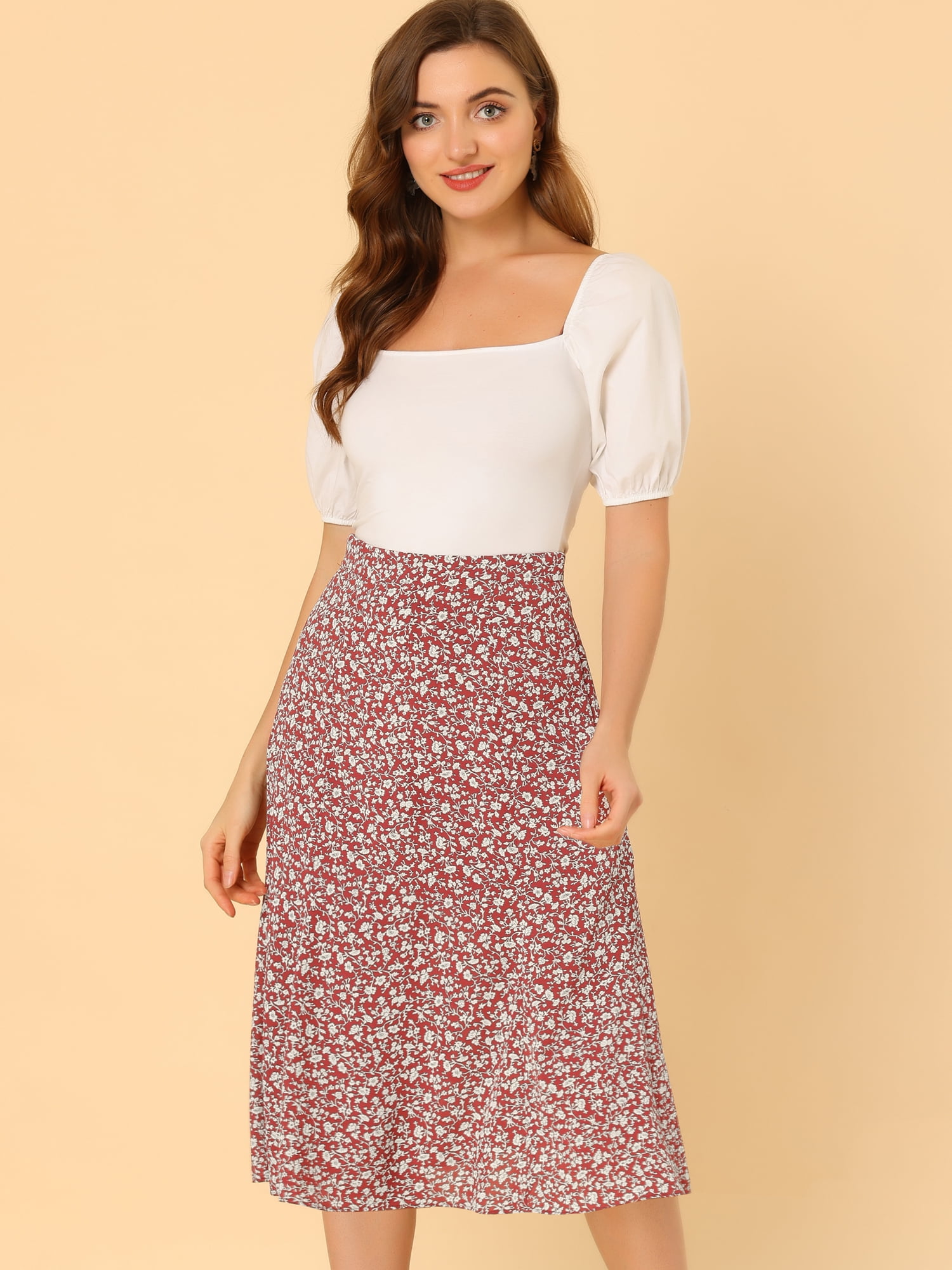 DARING DIVA Women's Elastic Waist A-Line Floral Print Midi Skirt XS Red White