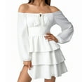 thumbnail image 4 of MDUKONU Women's Off The Shoulder Tiered Ruffle Dress - Women's Lace Up Front Long Sleeve Party Mini Dress White XXL, 4 of 7