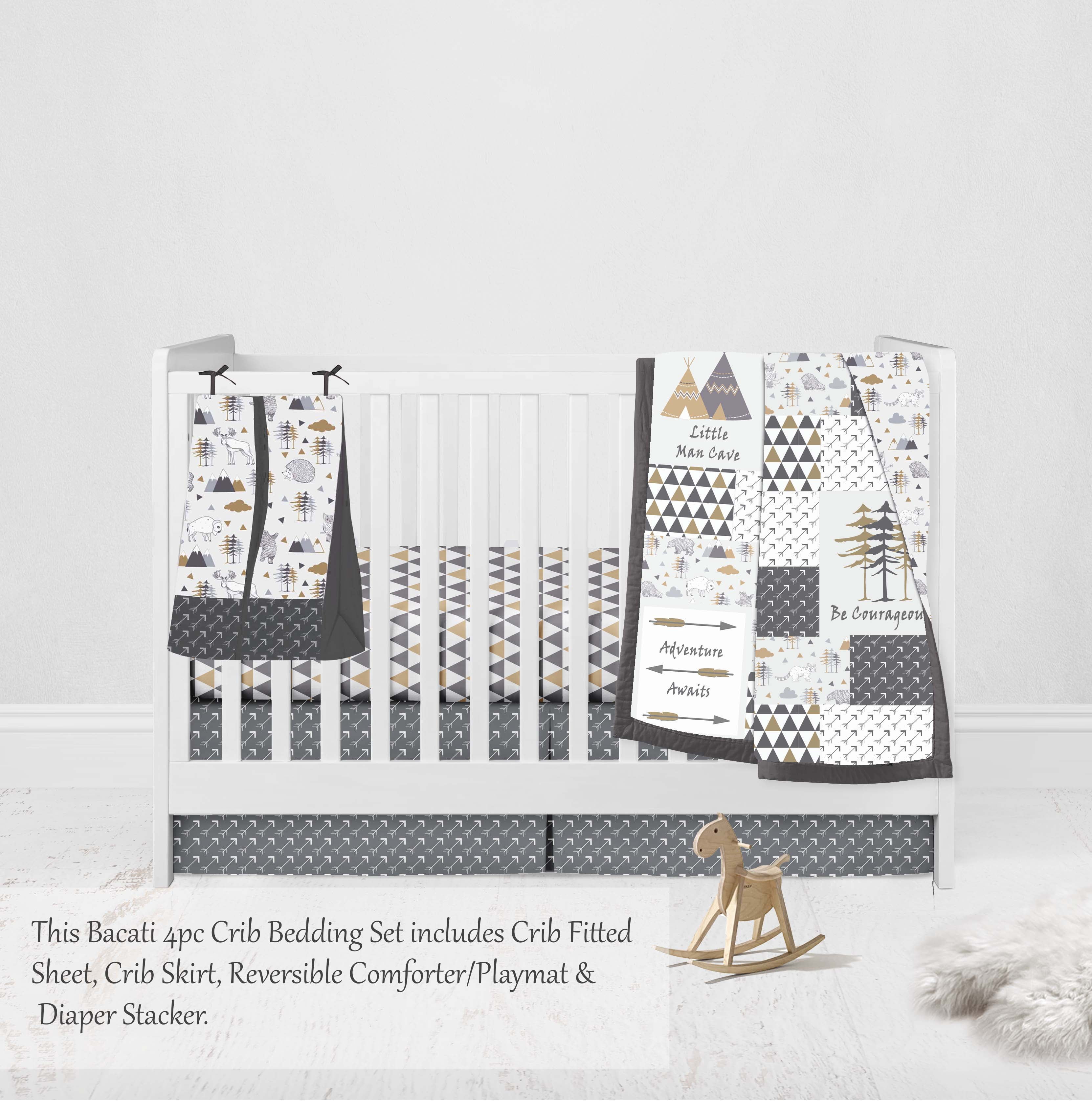 Bacati - Woodlands Grey/Beige Neutral Cotton Crib set with Diaper Stacker, 4 Pcs