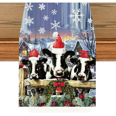 

Christmas Table Runner - Retro Farm Christmas Cow Santa Hat Holiday Table Runners for Christmas Non-Slip Red Black Dinner Runner Party Decorations 13 x 72