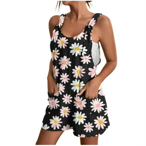 Hyknon Jumpsuits for Women Summer Fashion Floral Printed Loose Fit Comfortable Rompers Shorts Casual Suspender Sleeveless Jumpsuits with Pockets