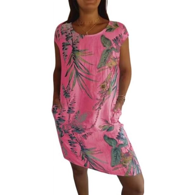 XYMJT Robes Needream, Robe Imprimée en Coton et Lin pour Femmes, Col Rond, avec Poche