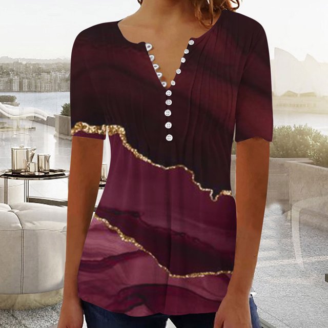ICHUANYI Clearance Women's Summer V-Neck Print Casual Loose Top Short Sleeve Button Blouses Tops(Wine, L) ICHUANYI WER2023081013219