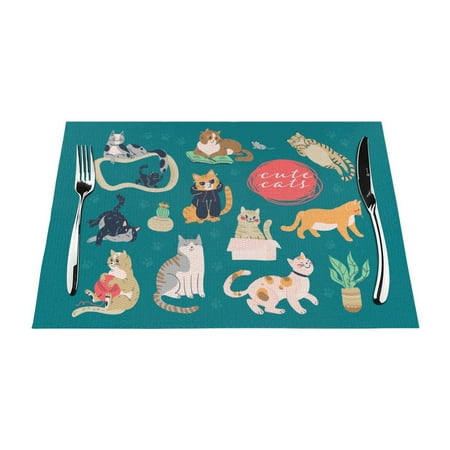 

XMXT Woven Placemats Set of 1 Colorful Cat Illustrations Stain Resistant Table Runner Anti-Skid Place Mats for Dining Table 12 x 18 inches