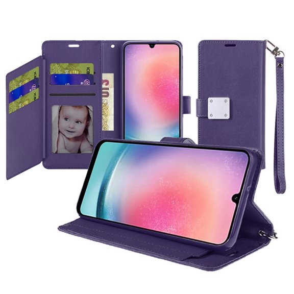 For Samsung Galaxy A26 5G S266V Wallet ID Flip Pouch Cover Phone Case   Tempered Glass - Purple