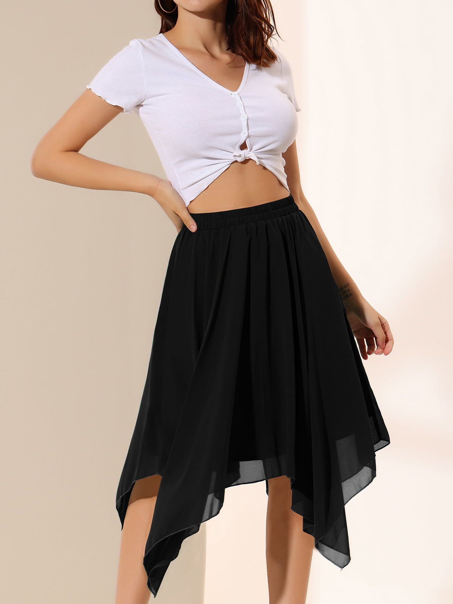 DARING DIVA Women's Asymmetrical Hem Elastic Waist Chiffon Flowy Midi Skirt Small Black