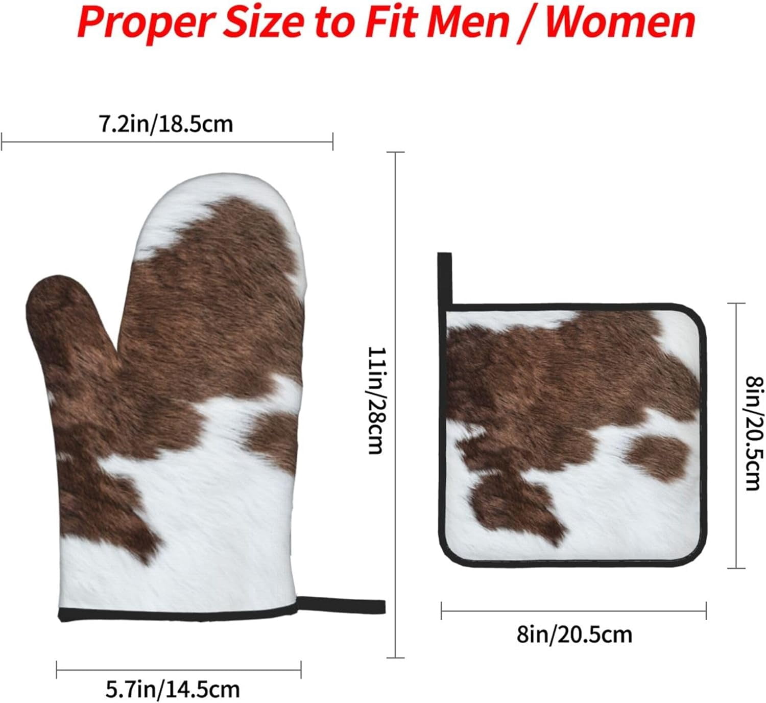 Brown Cowhide Oven Mitts and Pot Holders Set of 4 Cow Skin Pattern Mittens Potholders Heat Resistant Vintage Cow Bull Fur Animal Glove Pot Holder for BBQ Cooking Baking Grilling Kitchen Accessories
