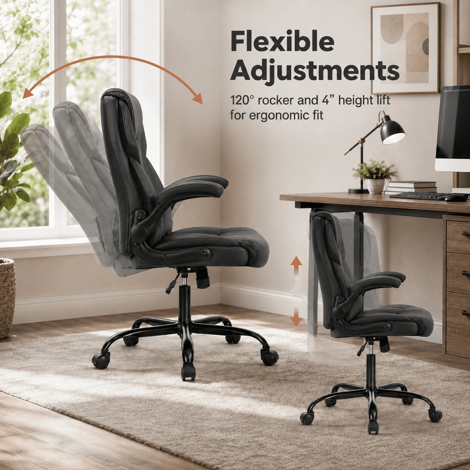 Alvantor PU Leather Executive Office Chair, Ergonomic Big and Tall Computer Desk Chairs, Breathable Leather Chair with Adjustable Flip-up Armrests, Adjustable Lumbar Support, Heavy Duty 300lbs