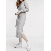 Topshop Long Sleeve Knit Midi Dress in Grey, Size US 8