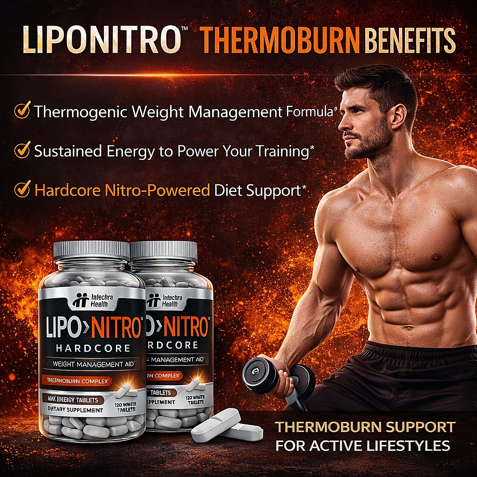 LIPO>Ni-TRO Best Diet Pills for Weight Management & Powerful Energy - 120 White Tablets