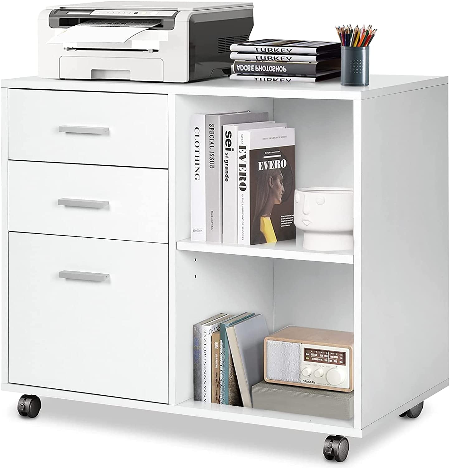 Richya Wood File Cabinet , Printer Stand with Open Storage Shelf, 3-Drawer  File Cabinet, Home Office White