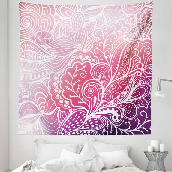 Floral Tapestry, Boho Intricate Floral Design Hand Drawn Flowers and Leaves in Pinkish Colors, Fabric Wall Hanging Decor for Bedroom Living Room Dorm, 5 Sizes, Pink Purple White, by Ambesonne