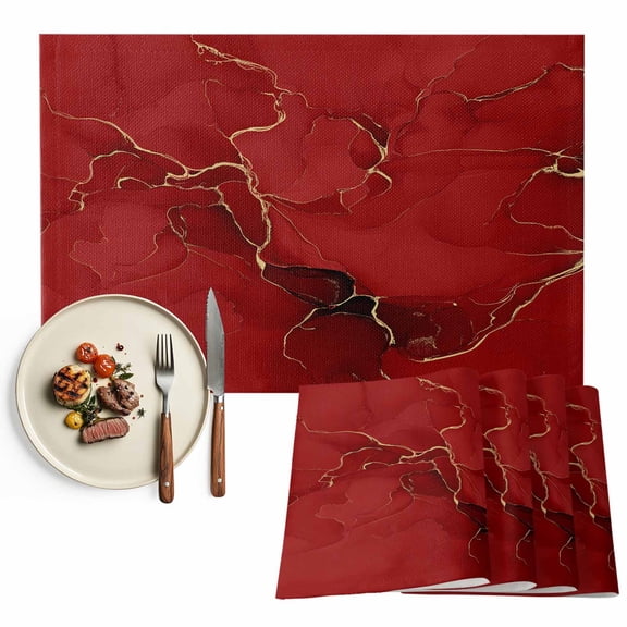 Red WatercolorTextured Placemats Set of 2, Abstract Gold Fluid Line Minimalist Table Mats Washable Heat-Resistant Non-Slip Place Mats for Kitchen Dinner Table Indoor Outdoor Decor,13x19 Inch