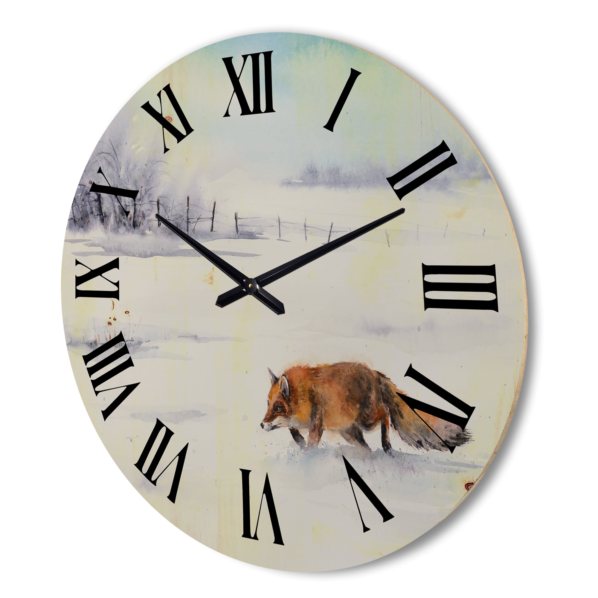 Designart 'Red Fox Running In White Snow in Countryside I' Farmhouse Wood Wall Clock