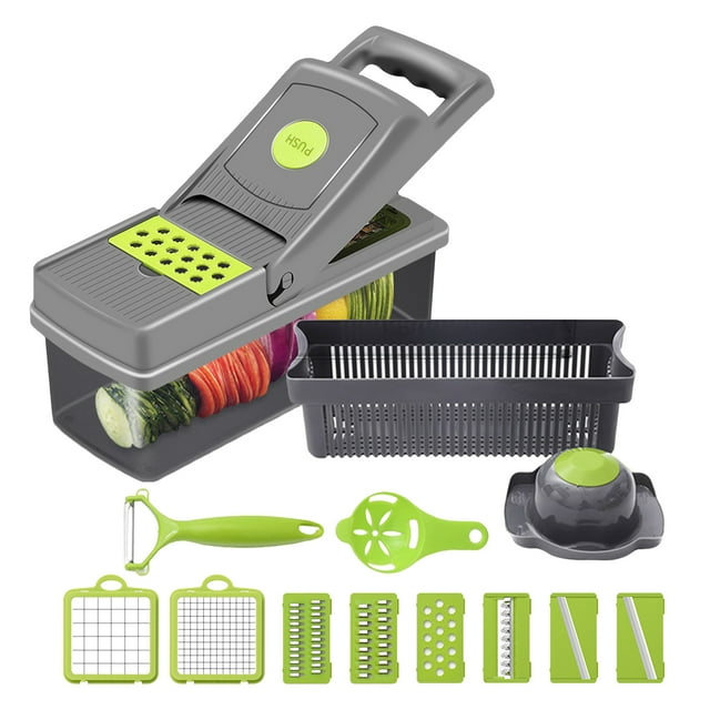 12-in-1 Multi-Function Vegetable Chopper with Hand Chopper, Container, Food Chopper for Onions, Garlic, Carrots, Potatoes, Egg Cutter, Peeler, Hand Guard, Drain Basket, 8 Blades