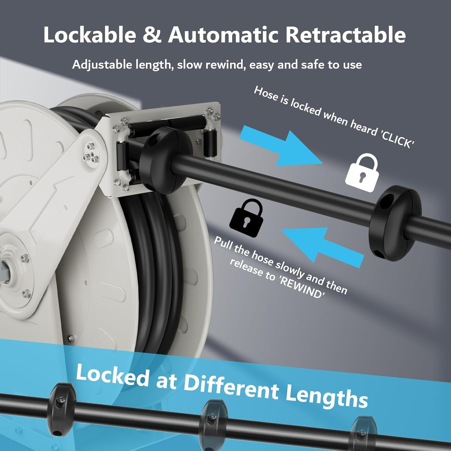 XUTUMM Fuel Hose Reel Retractable 3/4" x 50' Adjustable Dual Arm, All-weatherAuto Rewind, Heavy Duty Steel, with Fueling Nozzle for Aircraft Ship Vehicle Tank Truck