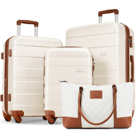 Hard Shell Luggage Luggage Sets 4 Piece, ABS Durable Suitcase with Travel Bag, Carry On Luggage Suitcase Set with 360° Spinner Wheels, ivory and brown,Carry On Hard Shell Luggage