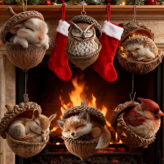 Forest Animal Acorn Ornaments Cozy Forest Christmas Ornaments, 2026 New Pine Cone Animal Decoration, Woodland Creature Hanging Ornament, Acrylic Hanging Ornament for Home Decor, 6PCS (2D Flat)