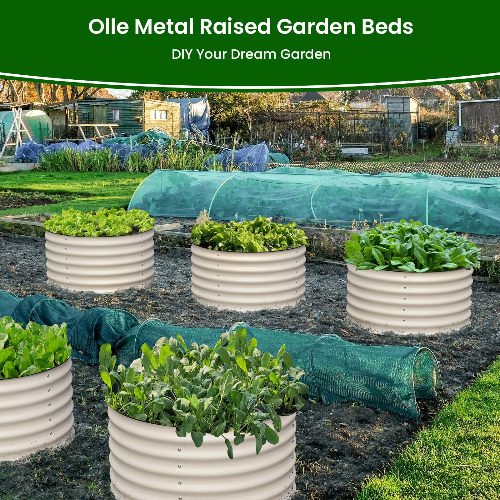 Olle Gardens 17" Tall x 24" Twin Round Pair Raised Garden Beds in Ivory