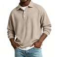 thumbnail image 2 of Knit Polo Shirts Mens Long Sleeve Casual Polo Sweaters Shirt Waffle Textured Collared Sweater Khaki L, 2 of 7