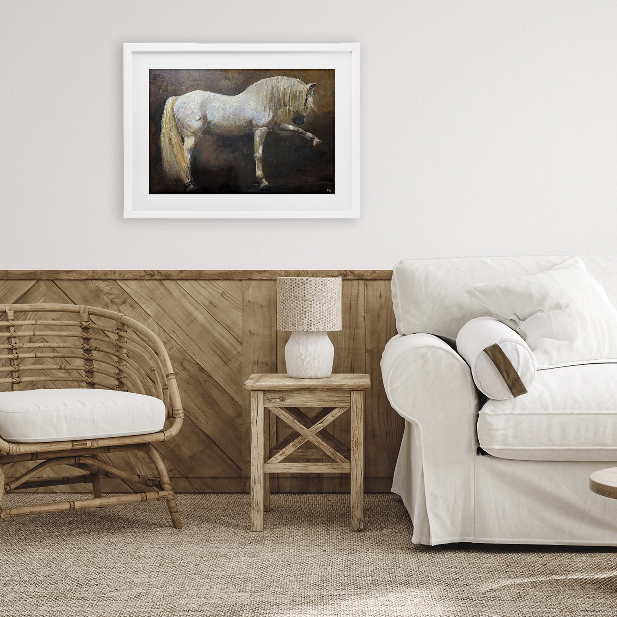 Stupell Industries Elegant White Stallion in Motion White Framed Print Under Glass, design by Hilary McCarthy