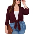 thumbnail image 3 of SHOWMALL Women's Plus Cardigans Lightweight Open Front Cardigans 3/4 Sleeve Burgundy 4X Casual Soft Drape Fall Summer Crop, 3 of 9