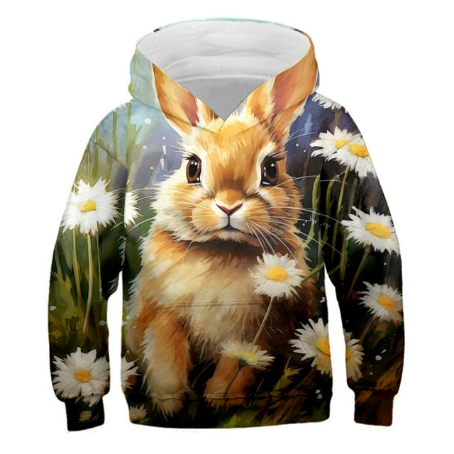 HNMKIU Kids Hooded Sweatshirt Kids Children Boys Girls Easter Spring Long Sleeve Hoodie Tops Sweatshirt Clothes Cartoon Rabbit Chick Printing