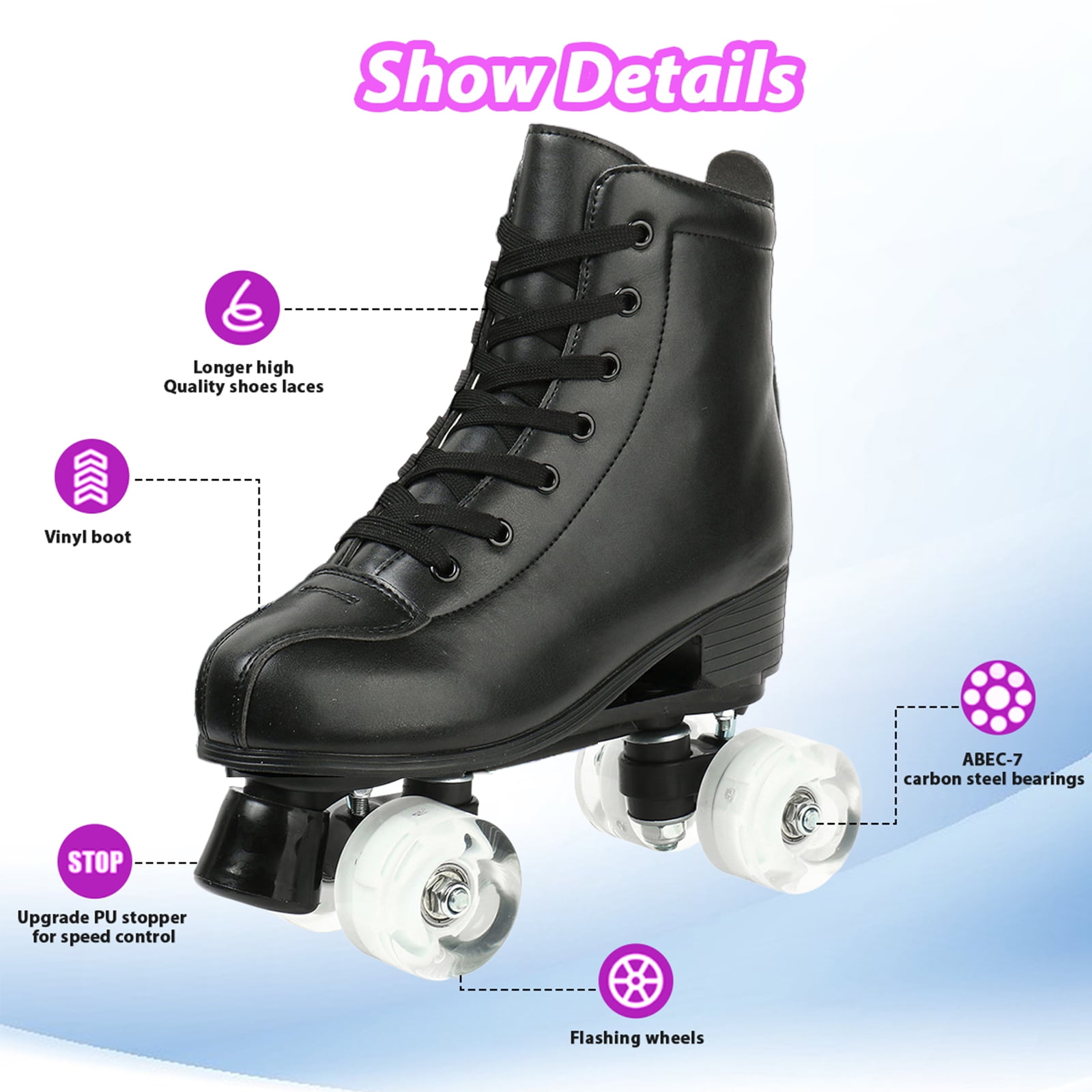 EONROACOO Black Roller Skates for Women Men, Light-up Skates for Girls(Women 7/Men 5.5)