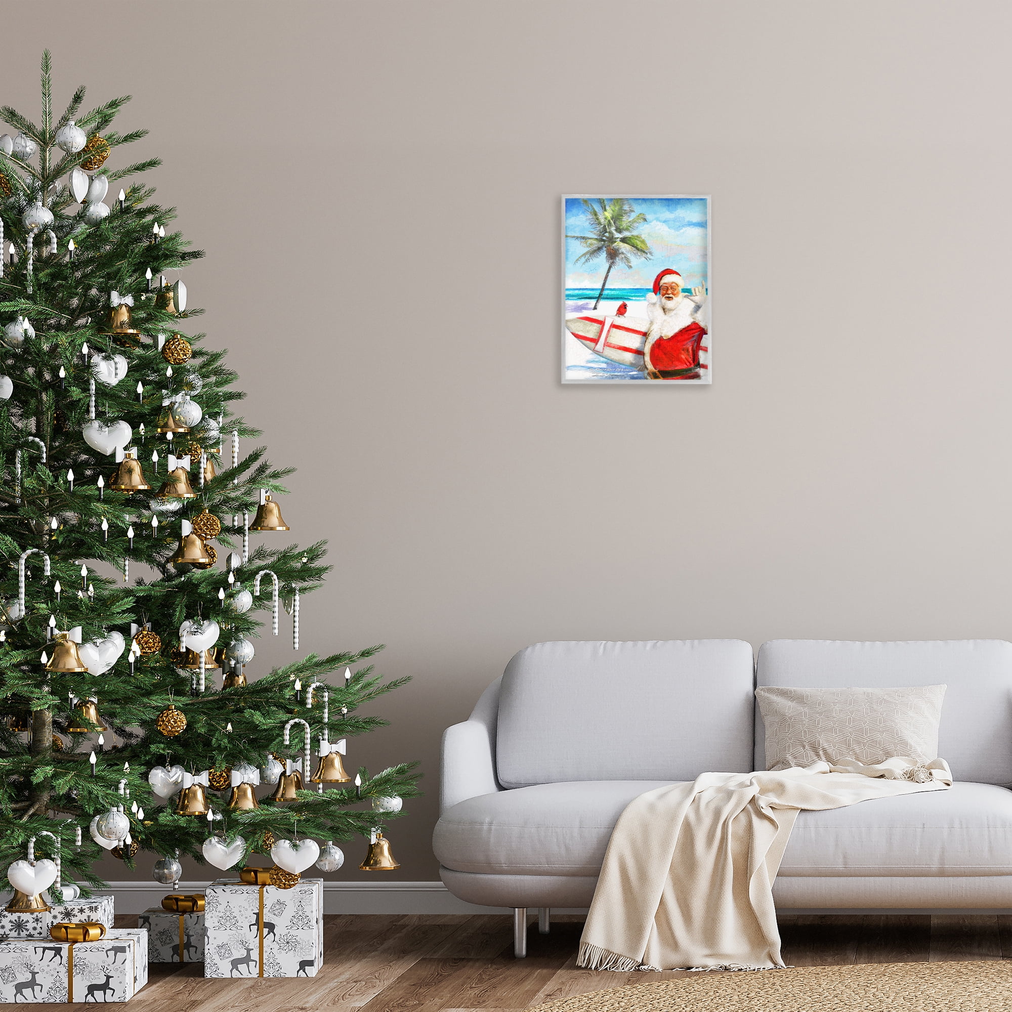 Stupell Industries Surfing Santa at Beach Holiday Painting Gray Framed Art Prints Wall Art, 16 x 20