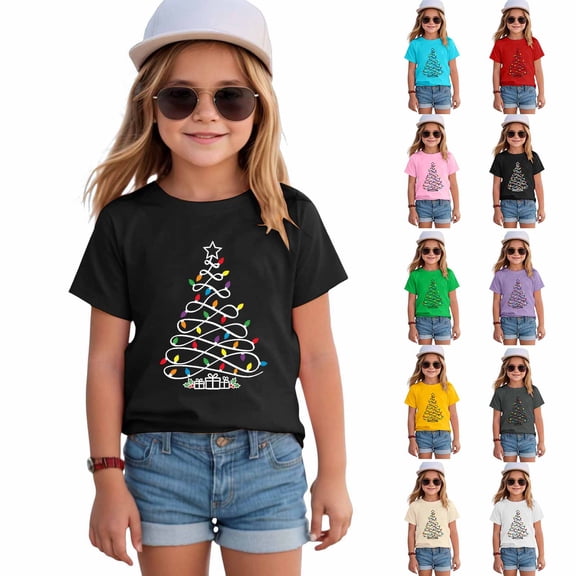 Ulanda Kids Christmas Tshirt Girls Kids Merry Christmas Shirt Funny Xmas Graphic Short Sleeve Tee Holiday Casual Family Party Matching Tops (1-Beige, 2-3 Years)