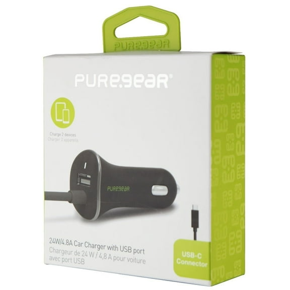 PureGear Car Charger Corded USBA To USB Type C 24 W - Black