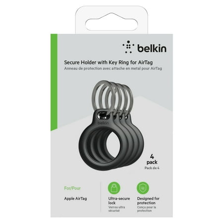 Belkin Apple AirTag Secure Holder with Key Ring - Durable Scratch Resistant Case With Open Face & Raised Edges - Protective AirTag Keychain Accessory For Keys, Pets, Luggage, Backpacks - 4-Pack Black