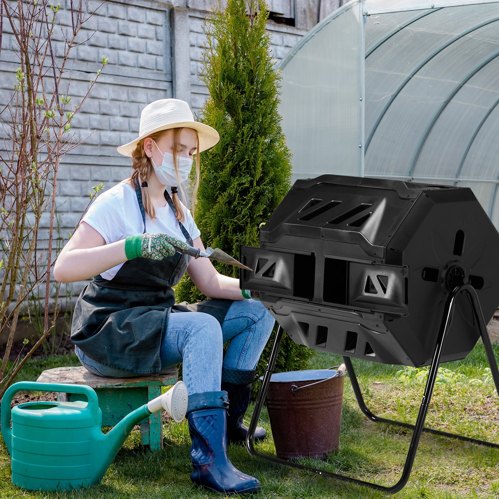 Outdoor Compost Tumbler Dual Chamber, Outdoor Tumbling Composter Dual Rotating Batch Compost Bin, 42 Gallon, Black