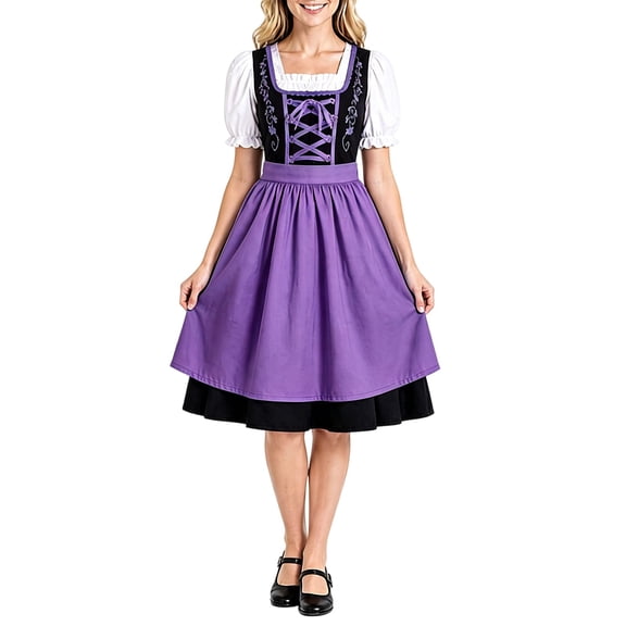 KICILVS Oktoberfest Costume Women Bavarian Contrast Dress Lace up Corset Puff Short Sleeve Ruffle Long Apron Outfit
