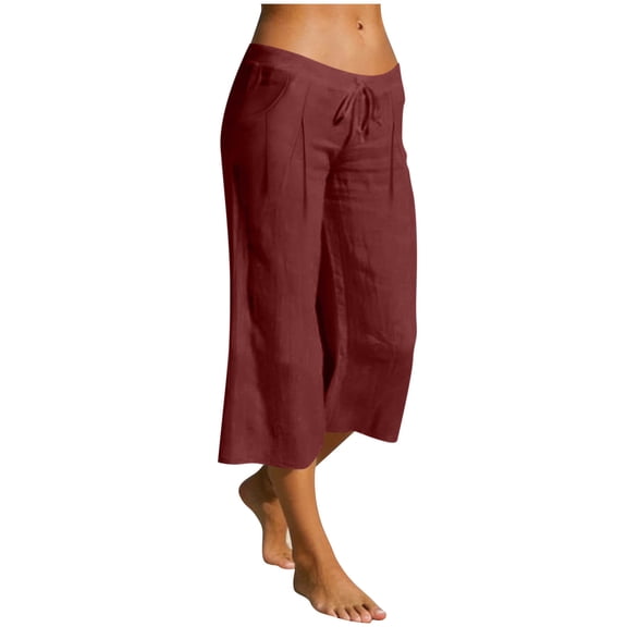 wyat Capri Pants for Women Cotton Linen Lightweight Casual Loose Elastic Waist Drawstring Wide Leg Capris Trousers with Pocket