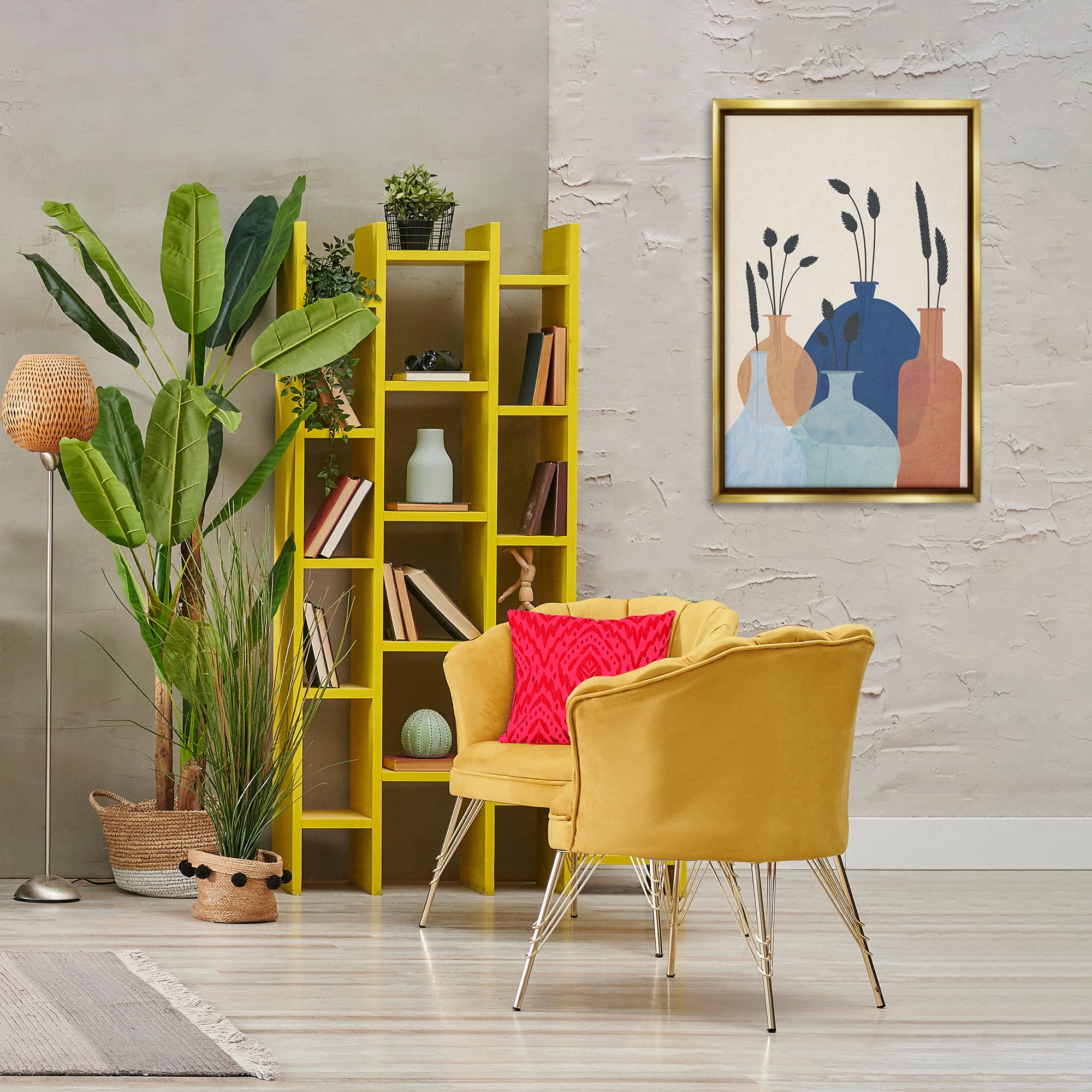 Stupell Industries Plant Sprigs Vases Plants & Flowers Painting Gold Floater Framed Canvas Art Print Wall Art, 21 x 31