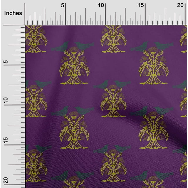 oneOone Organic Cotton Poplin Twill Fabric Bird & Tree Block Printed Fabric 1 Yard 42 Inch Wide