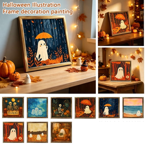 Framed Wall Art Vintage Ghost Halloween Illustration Gold Framed Wall Art Spooky Home Decor for Autumn Fall Decorations for Living Room Bedroom Entryway