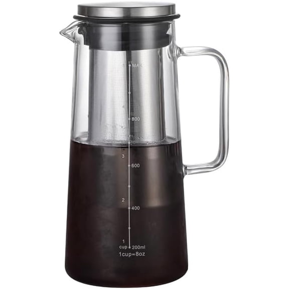 Cold Brew Coffee Maker Borosilicate Glass with 304 Stainless Steel Filter, Tea Infuser Ice Cold Brew Pitcher Kitchen, with Spout Kitchen Iced (34oz (1.0 L))