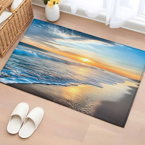 Sunset Beach Bathroom Mats 2x3 FT, Non Slip Small Kitchen Mat, Spray Ocean Waves Sky Nature Scenery Washable Soft Backed Front Door Throw Rugs Non-Shedding Indoor Outdoor Doormat for Entryway Sink