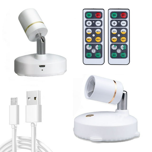 2 Pieces Spotlight LED Accent USB Recharged Picture Lights Battery Powered Remote Control Rotatable Focus Desk Lamp Display Closet Home Ceiling