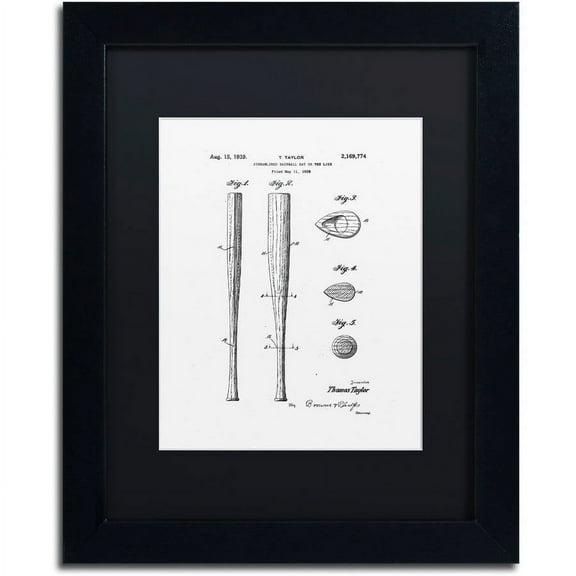 Trademark Fine Art "Baseball Bat Patent 1939 White" Canvas Art by Claire Doherty, Black Matte, Black Frame