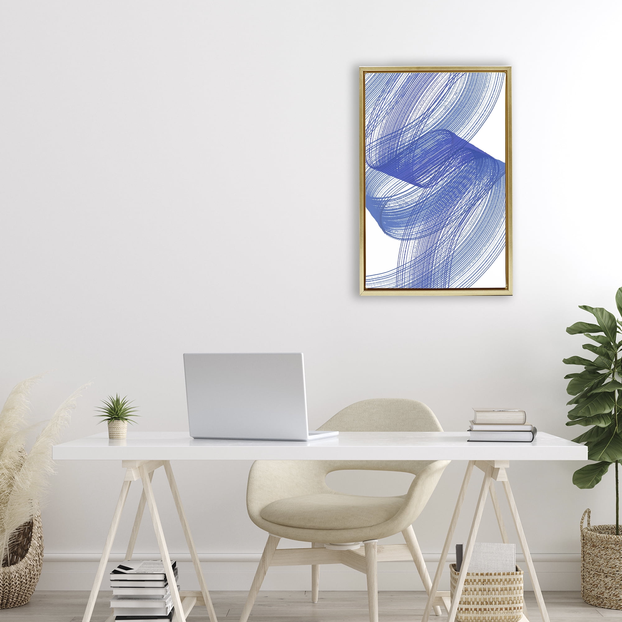 Stupell Industries Blue Lines Flowing In Motion Gold Framed Floater Canvas Wall Art, design by Martina Pavlova