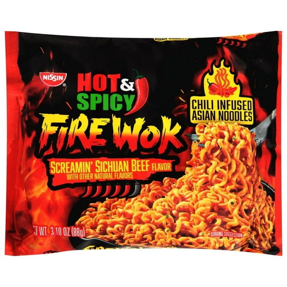 Nissin Foods Hot & Spicy Fire Wok Chili-Infused Asian Noodles, Screamin' Sichuan Beef Flavor, 3.10 oz Bag, Shelf-Stable